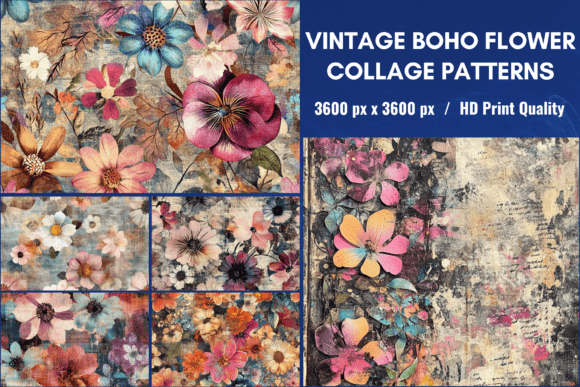 Download Vintage Boho Flower Collage Pattern - Pattern Collection