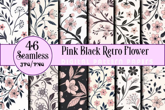 Download Seamless Pink Black Retro Flower Pattern - Pattern Collection