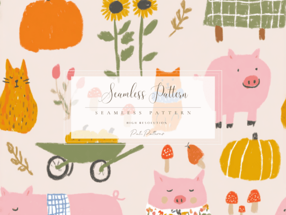 Download Cute Farm Autumn Pig and Cat Seamless Pattern PNG - Pattern Collection