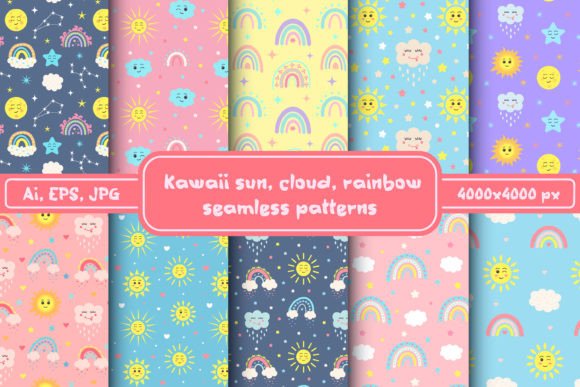 Download Kawaii Sun, Cloud, Rainbow Patterns Set - Pattern Collection